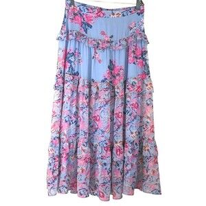House Of Harlow 10 Maxi Tiered Skirt Floral Boho Pink Blue Fairy Cottagecore